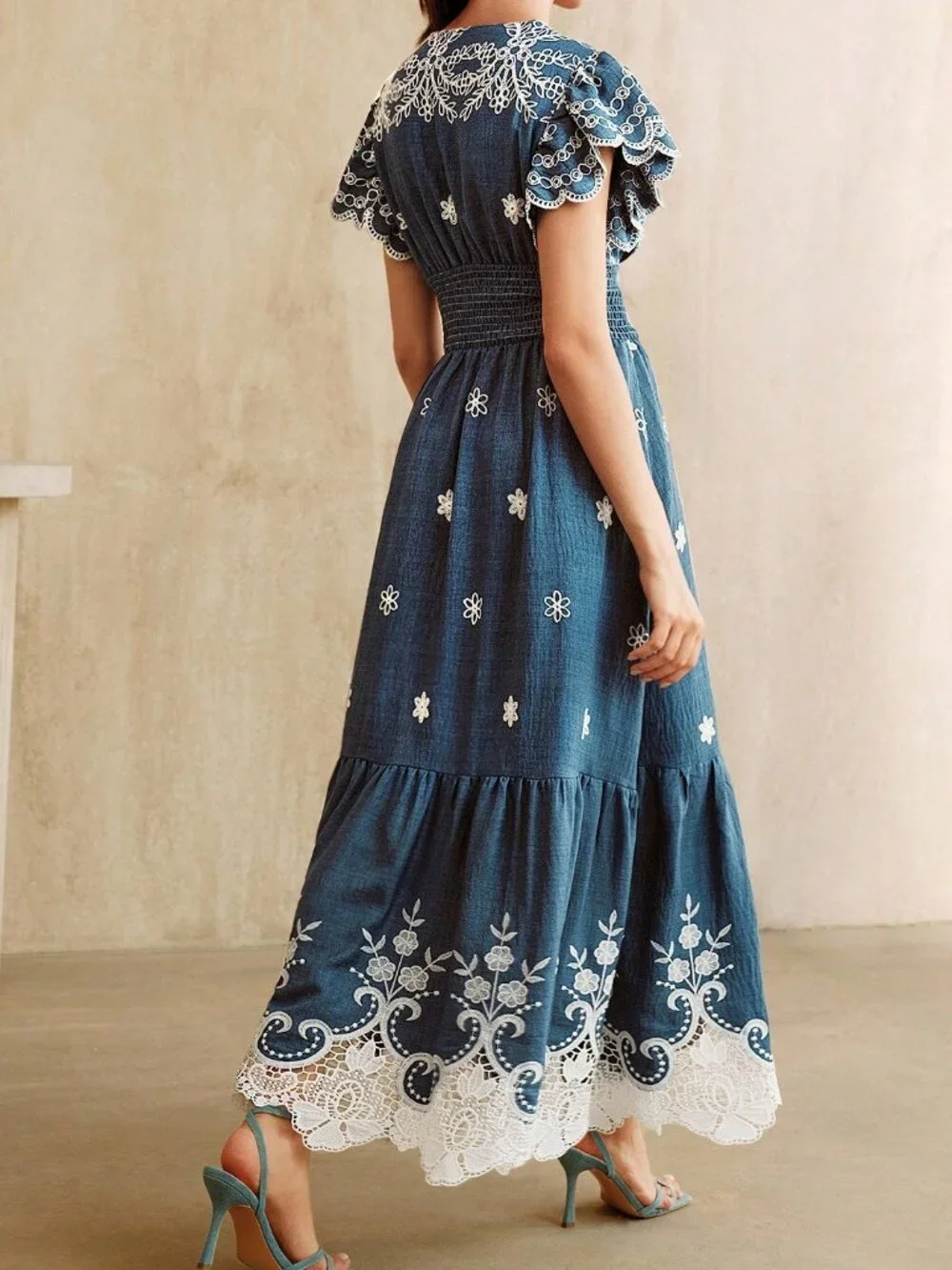 Blue Boho Women's Embroidered Lace Patchwork V-Neck Maxi Dress Short Sleeves - Picture 2 of 7